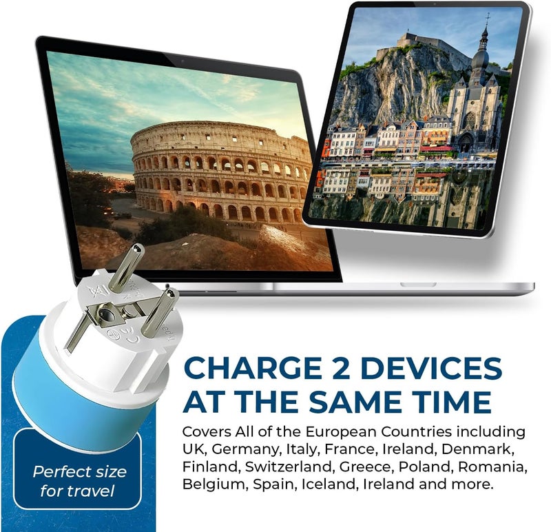 OREI Full European Travel Adapter Set - Dual Input American to Europe, Germany, England, Spain, Italy, Iceland, France, (Type G, E/F, Type C) - 3 Pack, Safe Grounded Use for Cell Phones, Laptops - Image 5